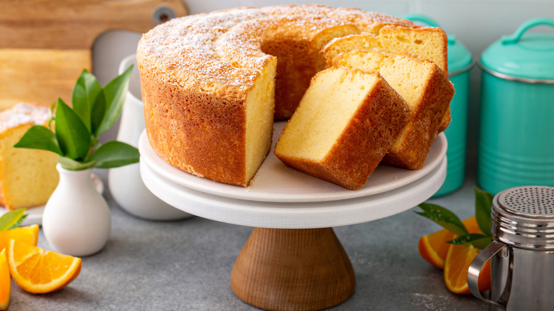 Freshly baked Bundt cake on a cake stand