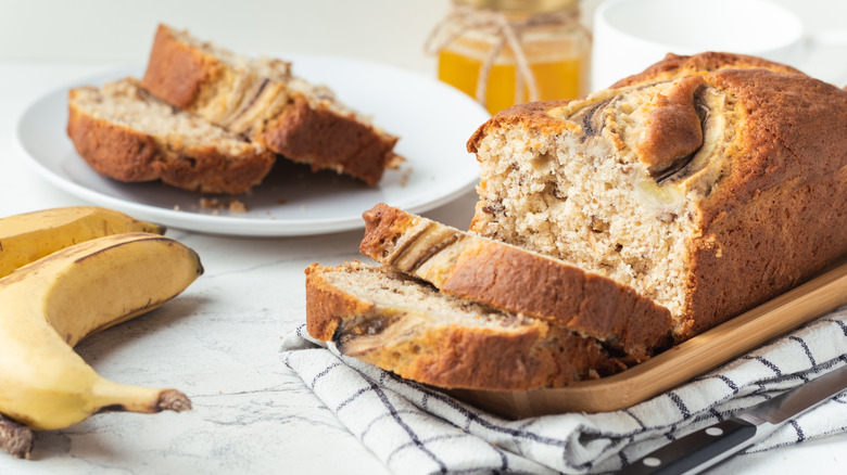 banana bread served on table 