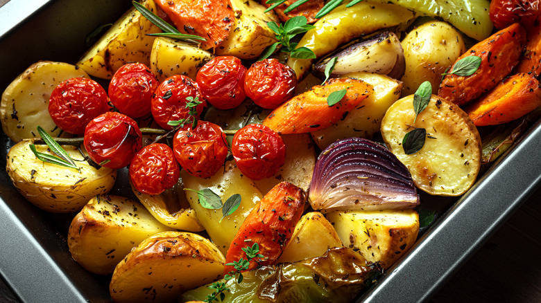 roasted veggies in a sheet pan