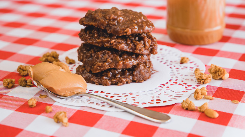 No-bake cookies stacked up on a doily