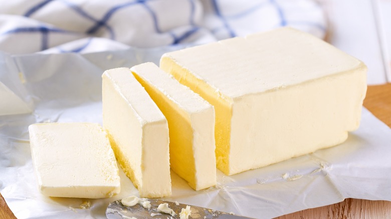Sliced Irish butter on a table.
