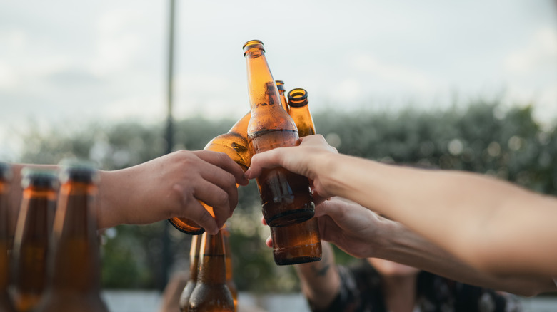 Friends cheersing glass beer bottles outdoors.