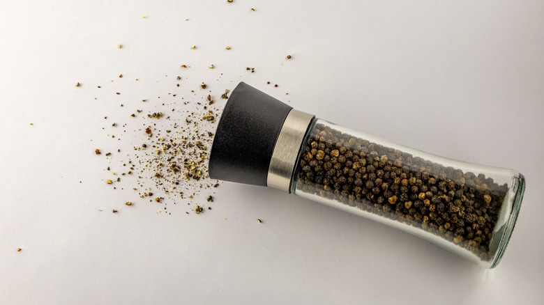A shaker full of black pepper laying on its side with some pepper spilling out next to it.