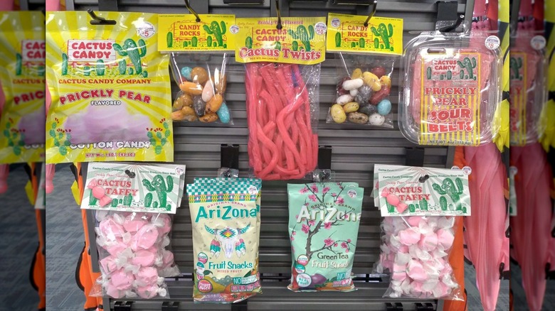 Cactus-flavored candy hanging on a store display wall