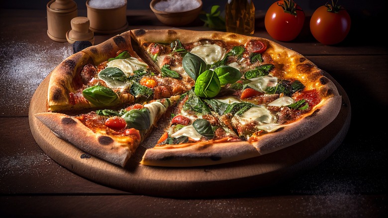 pizza with fresh basil garnish