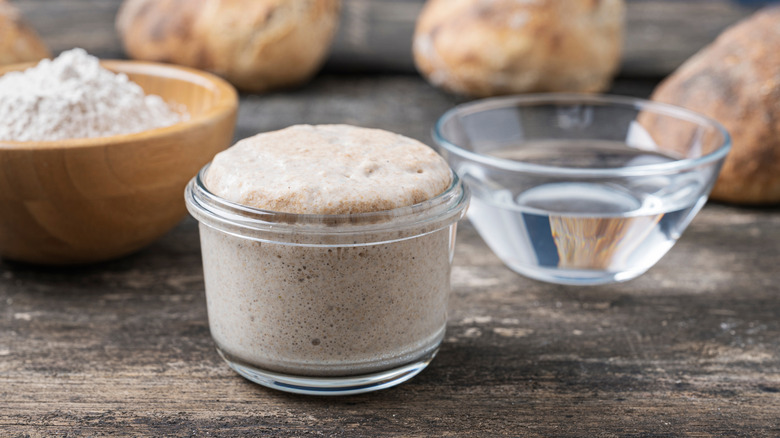 sourdough starter beside a bowl of water and flour on a table