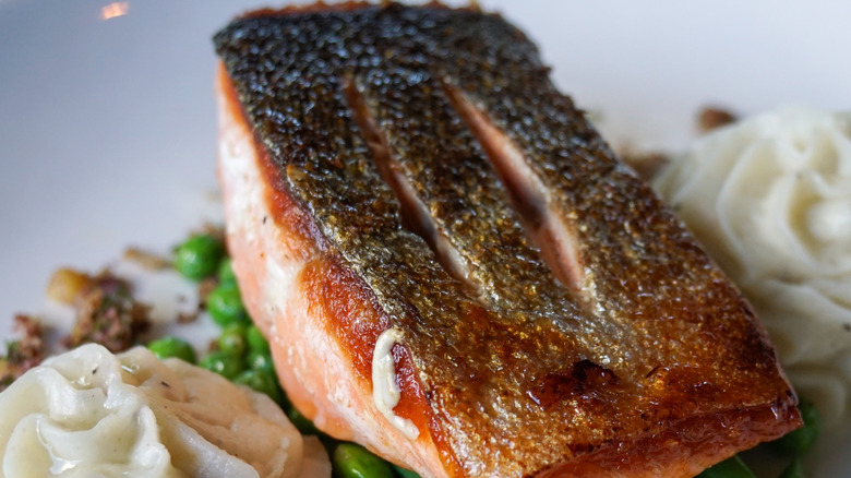 A piece of cooked salmon with a crispy skin on a bed of vegetables