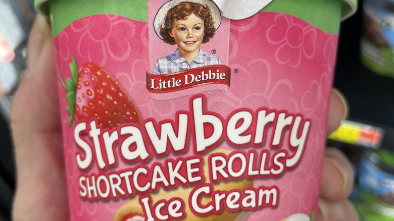 closeup of Little Debbie strawberry shortcake rolls ice cream