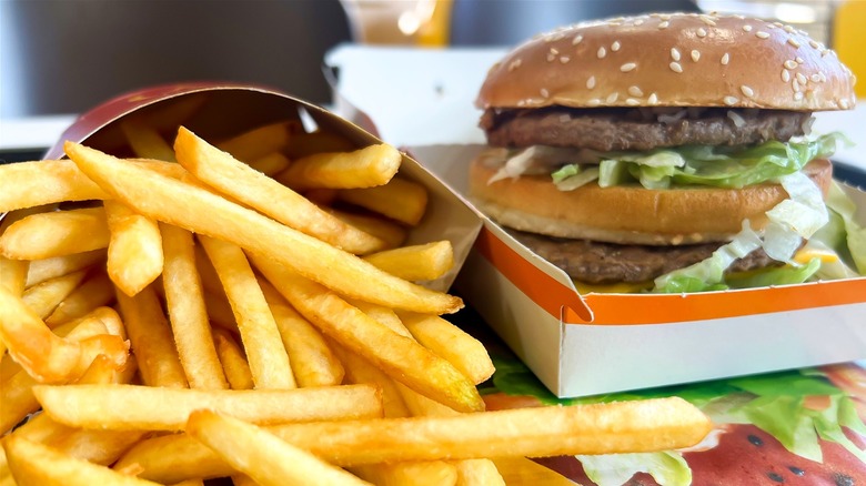 Close-up of fries and a Big Mac on a McDonald's tray
