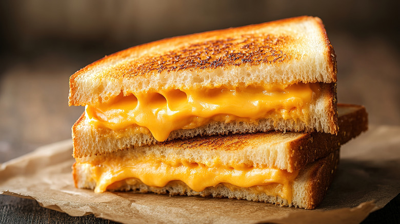 Two halves of a melty grilled cheese sandwich are stacked in a styled photo.