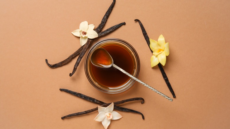 Spoonful of vanilla extract resting on its jar surrounded by vanilla beans and flowers on a tan background