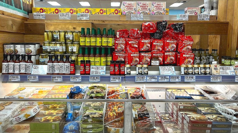 Close-up of Trader Joes frozen aisle products
