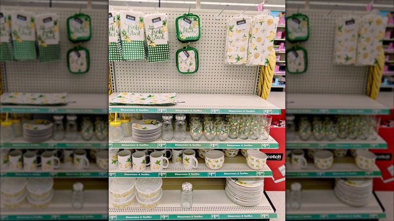 Selection of lemon themed kitchen and home wares at Dollar Tree.