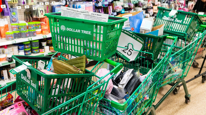Stacks of Dollar Tree baskets and carts