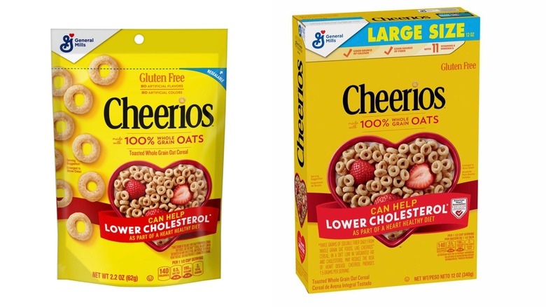 A bag of General Mills Cheerios and a large size box of General Mills Cheerios on a white background