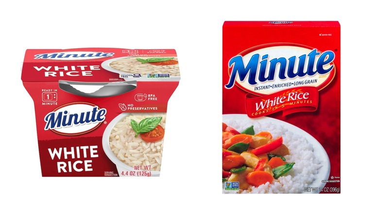 A cup of 4.4-ounce Minute White Rice and a box of 14-ounce Minute White rice on a white background