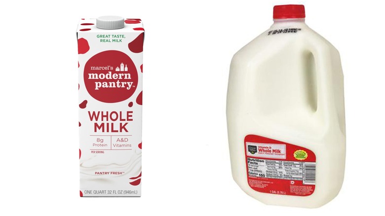 A 32-ounce box of Modern Pantry whole milk and a full gallon of Clover Valley Whole Milk on a white background