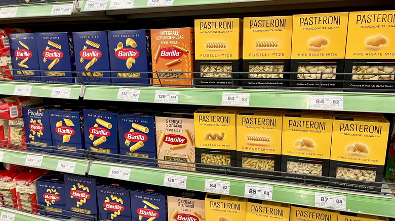 Boxes of dry pasta at a grocery store