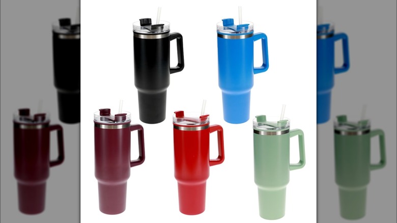 Five water tumblers in different colors