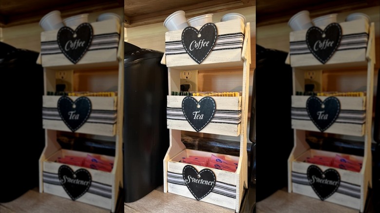 Shelf made from Dollar Tree wooden crates for storing coffee, tea, and sweetener