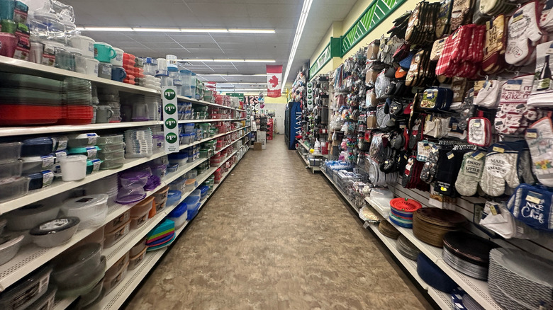 Dollar Tree aisle of kitchen essentials and storage containers