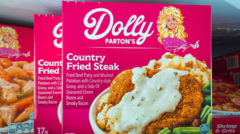 Boxes of Dolly Parton's country fried steak frozen meals