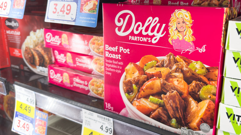 The front cover of Dolly Parton's beef pot roast frozen meal