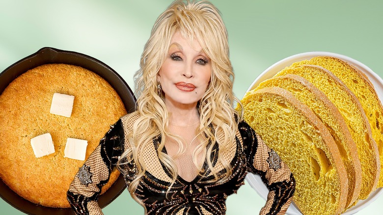 Dolly Parton surrounded by whole cornbread with butter and sliced cornbread.