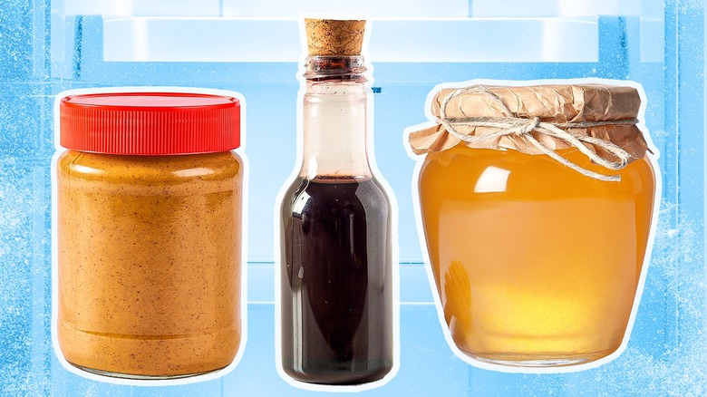 Composite photo showing a jar of peanut butter, a bottle of dark vinegar, and a jar of honey on a blue and white background