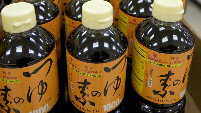 Bottles of soy sauce with orange labels