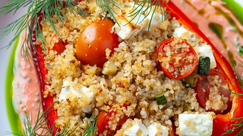 Bell pepper stuffed with flavorful couscous, feta cheese, and tomatoes