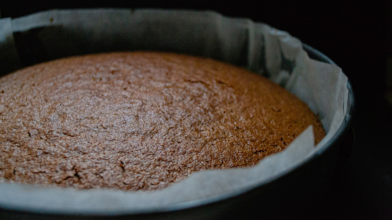 Cake baked in a parchment lined baking dish