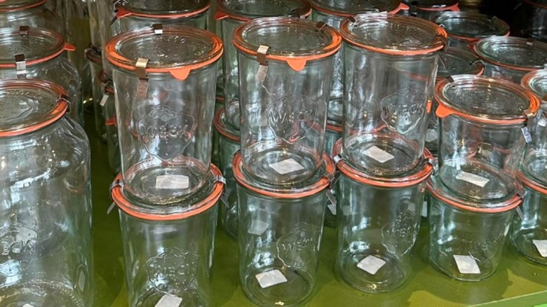 A shelf of new Weck canning jars