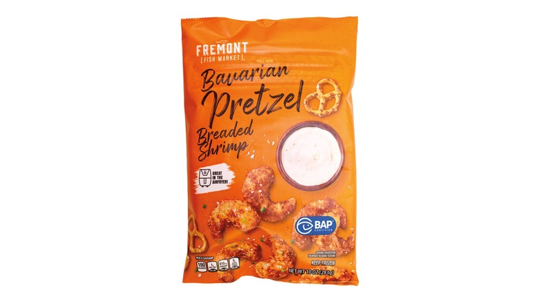 An orange freezer bag package of Bavarian Pretzel Breaded Shrimp