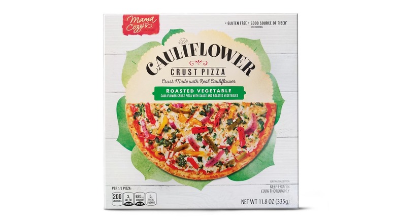 A package of frozen cauliflower crust roasted vegetable pizza