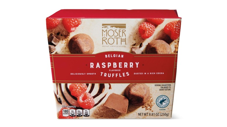 A square box of Moser Roth Belgian Raspberry Flavored Truffles