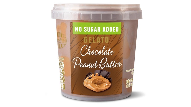 A plastic container of no sugar added chocolate peanut butter gelato