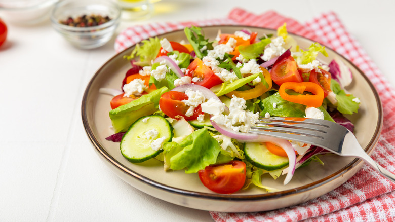 Fresh vegetable salad in a plate with a fork