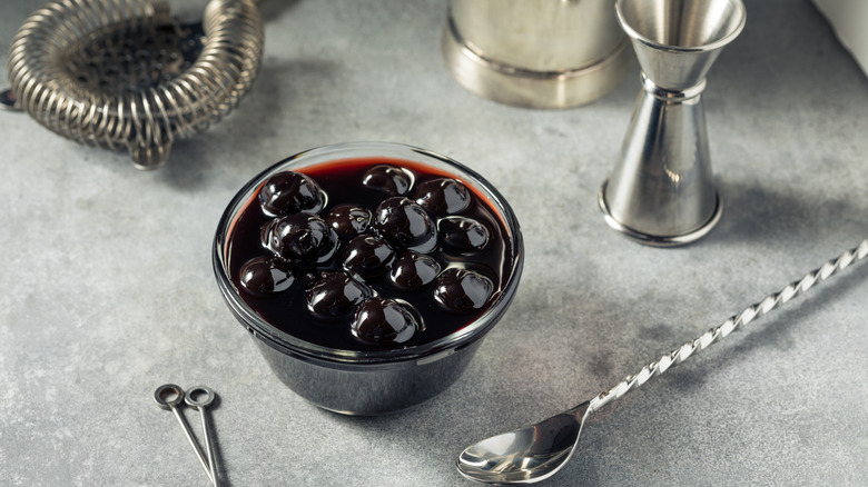 dark cocktail cherries in syrup