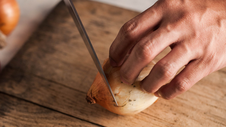 Hands Slicing Onion