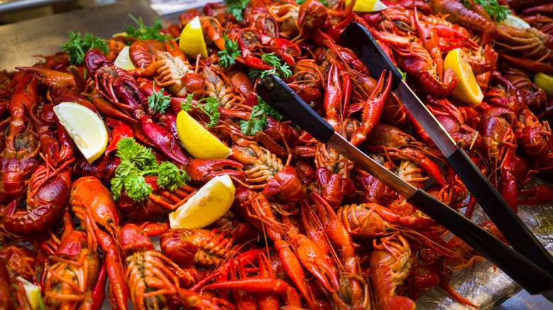 A large pile of fresh crawfish, bright red, just boiled and covered in lemon slices and herbs.