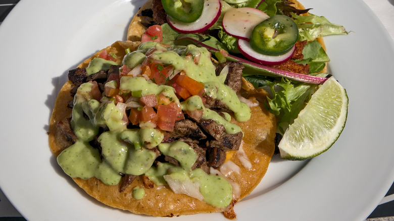 Tostadas with beef, chopped tomato, and salsa