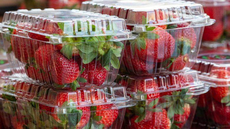 Ripe strawberries in plastic clamshell containers