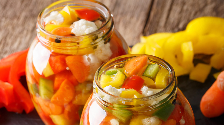 homemade pickled giardiniera in glass jars