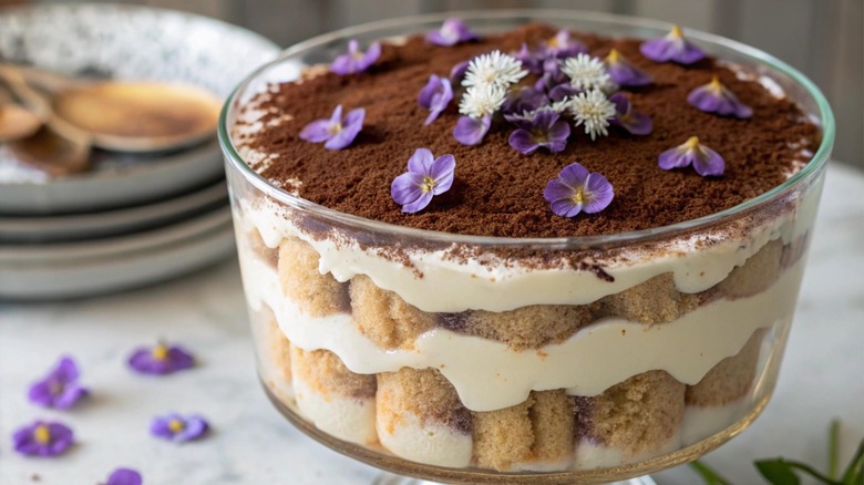 Tiramisu trifle with chocolate powder and flowers on top