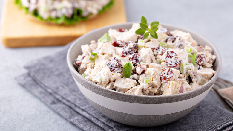 Chicken salad in a gray and white bowld