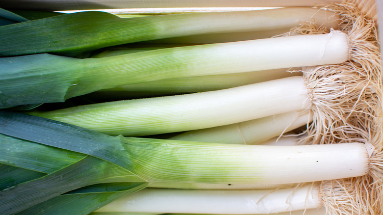 Stacks of fresh leeks
