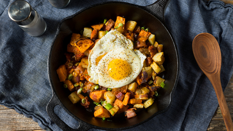 Breakfast hash in a cast iron pan