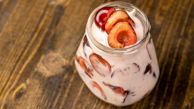 yogurt contained in glass jar