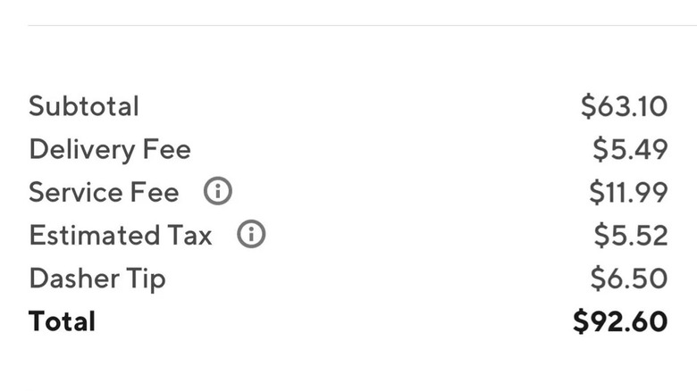 A receipt from a Doordash order with the subtotal and all included fees.